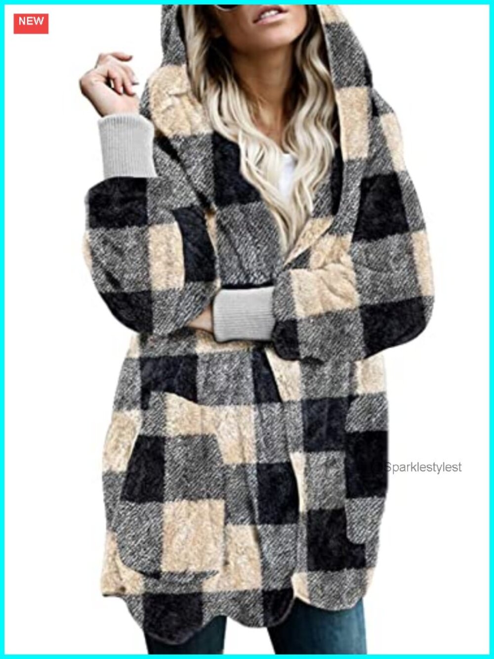 Fuzzy Fleece Open Front Hooded Cardigan Coat Oversized with Pockets